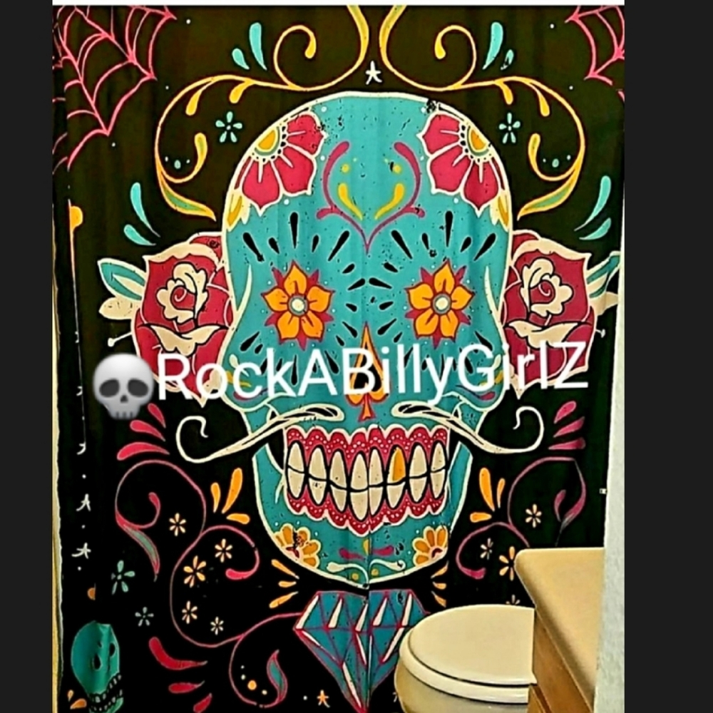 Too Fast Calavera Tattoo Mustache Sugar Skull Gold Tooth Bathroom Shower Curtain